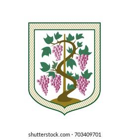 A logo for the winemakers.
A vineyard and its grape on a badge shape. Reference to French historical coats of arms, used as a sign of recognition of a city, an individual or a family.