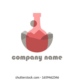 Logo of winery,  plant of wine production or company for sale of alcohol. Corporate identity of online beverage store. Mountain landscape in pink is visible through wine bottle. Isolated object