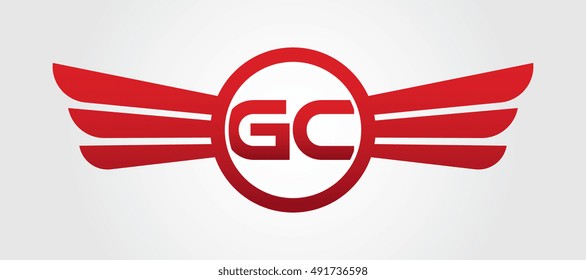 Logo winged GC red letters. Aviation vector template design