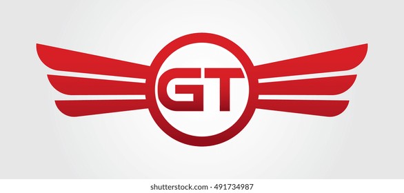 Logo winged GT red letters. Aviation vector template design