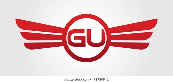 Logo winged GU red letters. Aviation vector template design