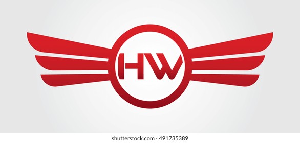 Logo winged HW red letters. Aviation vector template design