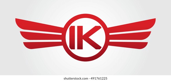 Logo winged IK red letters. Aviation vector template design