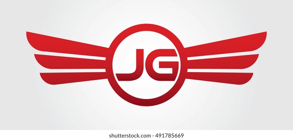 Logo winged JG red letters. Aviation vector template design
