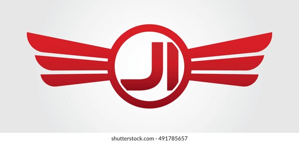 Logo winged JI red letters. Aviation vector template design