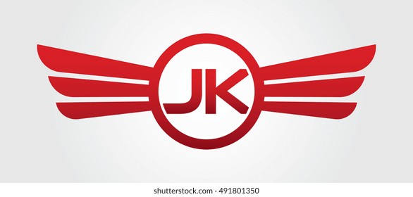 Logo winged JK red letters. Aviation vector template design