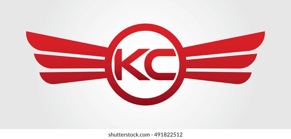 Logo winged KC red letters. Aviation vector template design