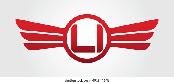 Logo winged L red letters. Aviation vector template design