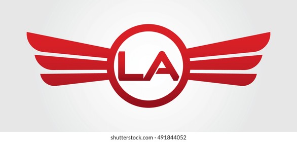 Logo winged LA red letters. Aviation vector template design