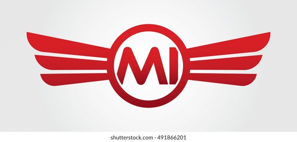 Logo winged MI red letters. Aviation or Falcon vector template design
