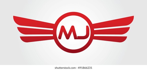 Logo winged MJ red letters. Aviation or Falcon vector template design