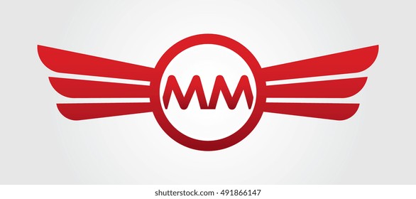Logo winged MM red letters. Aviation or Falcon vector template design