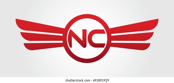 Logo winged NC red letters. Aviation vector template design