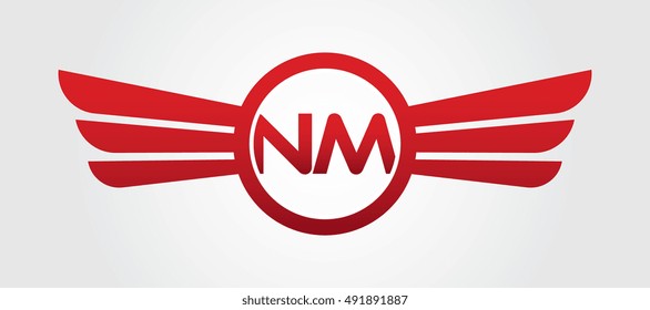 Logo winged NM red letters. Aviation vector template design