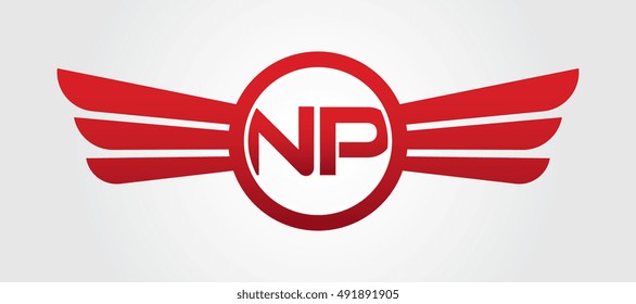 Logo winged NP red letters. Aviation vector template design