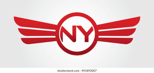 Logo winged NY red letters. Aviation vector template design