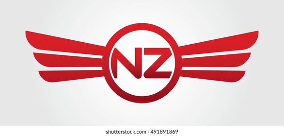 Logo winged NZ red letters. Aviation vector template design