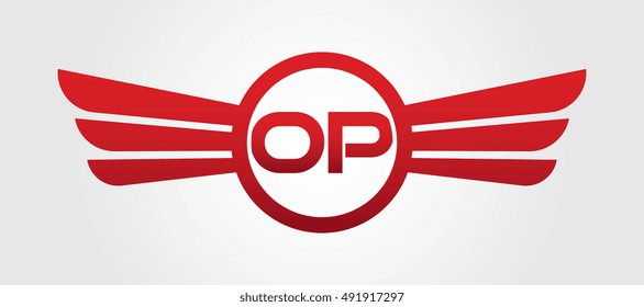 Logo winged O red letters. Aviation vector template design