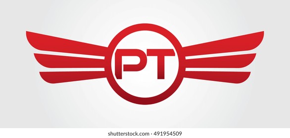 Logo winged PT red letters. Aviation vector template design