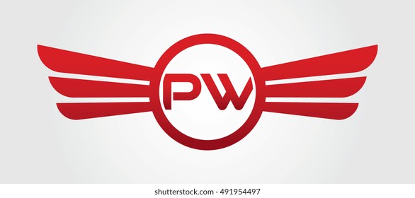 Logo winged PW red letters. Aviation vector template design