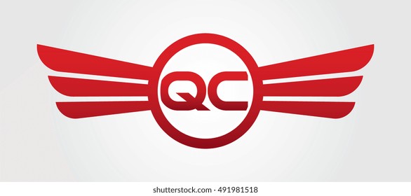 Logo winged QC red letters. Aviation vector template design