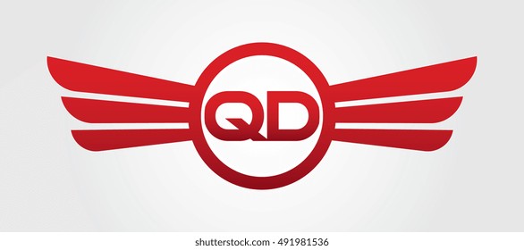 Logo winged QD red letters. Aviation vector template design