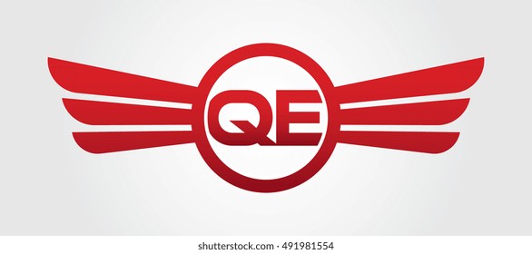 Logo winged QE red letters. Aviation vector template design