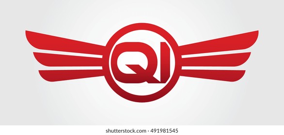 Logo winged QI red letters. Aviation vector template design