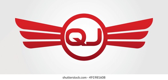 Logo winged QJ red letters. Aviation vector template design