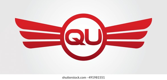 Logo winged QU red letters. Aviation vector template design
