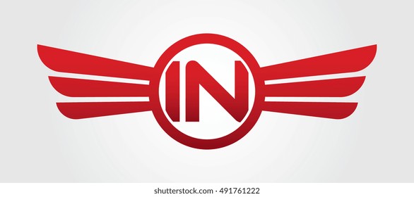 Logo winged IN red letters. Aviation vector template design