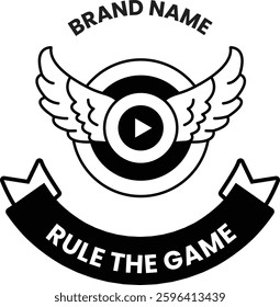 A logo with wings and a circle with a play button in the middle. The logo is for a brand that wants to rule the game