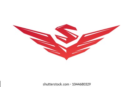 Logo with wings and letter S. Vector flat logo. Sign isolated on white background. Corporate identity. Emblem. Symbol. Stylized object. Gradient.