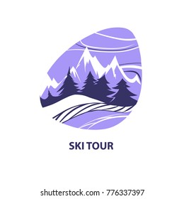 Logo for winter ski tour, resort. Silhouette snow peak of high mountain and fir tree. Vector illustration