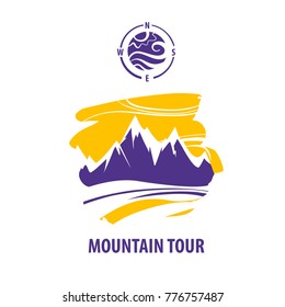 Logo for winter ski tour, resort. Silhouette snow peak of high mountain. 