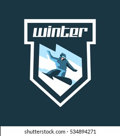Logo for winter sports. Label, stamp. Snowboarder descends a slope, snow lava mountain. Sports lifestyle. Vector illustration 