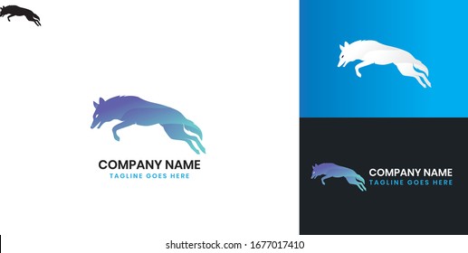 Logo of a wolf jumping on white, blue and black backgrounds. Vector illustration.