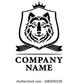 Logo wolf on the shield. Black and White. Vector illustration.