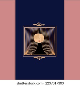 the logo of a woman behind the curtain,gold colloure,vector