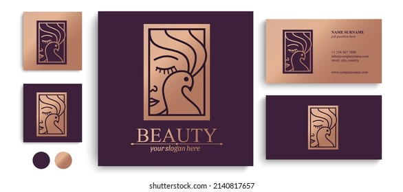 Logo woman with a bird. The girl gently hugs the bird. Abstract design concept for many lines of business.