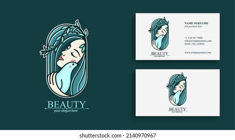 Logo woman with a bird. The girl gently hugs the bird. Abstract design concept for many lines of business.