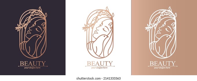 Logo woman with a bird. The girl gently hugs the bird. Abstract design concept for many lines of business.