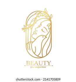 Logo woman with a bird. The girl gently hugs the bird. Abstract design concept for many lines of business.