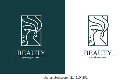 Logo woman with a bird. The girl gently hugs the bird. Abstract design concept for many lines of business.