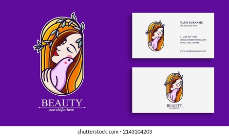 Logo woman with a bird. The girl gently hugs the bird. Abstract design concept for many lines of business.