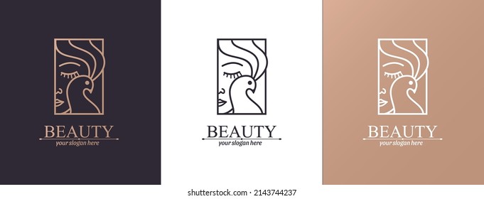 Logo woman with a bird. The girl gently hugs the bird. Abstract design concept for many lines of business.