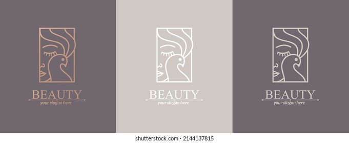 Logo woman with a bird. The girl gently hugs the bird. Abstract design concept for many lines of business.