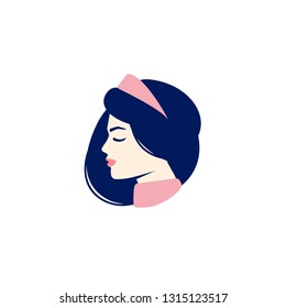 Logo woman. Girl silhouette with blue hair and pink lips. Princess with a crown. Woman's face and profile. Vector illustration.