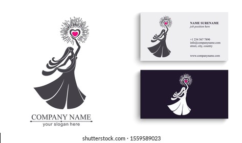 Logo of a woman with her hair in a long dress holding a burning heart in her hands. Vector template for beauty business or competition. Elegance and classic