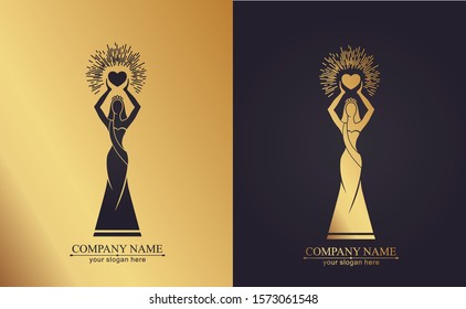 Logo of a woman with her hair in a long dress holding a burning heart in her hands. Vector template for beauty business or competition. Elegance and classic